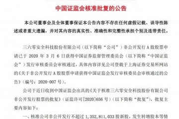 三六零非公开发行A股股票获证监会核准批复